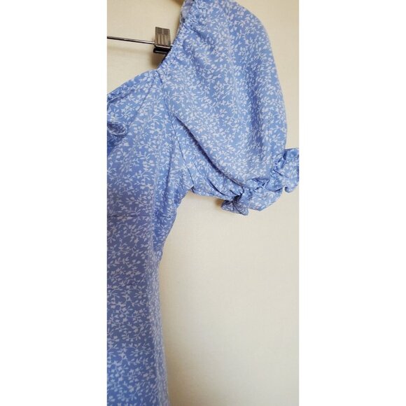Blue Floral Dress Size S Back Zip Cottage Core Puffed Short Sleeve Off Shoulders - Picture 11 of 16
